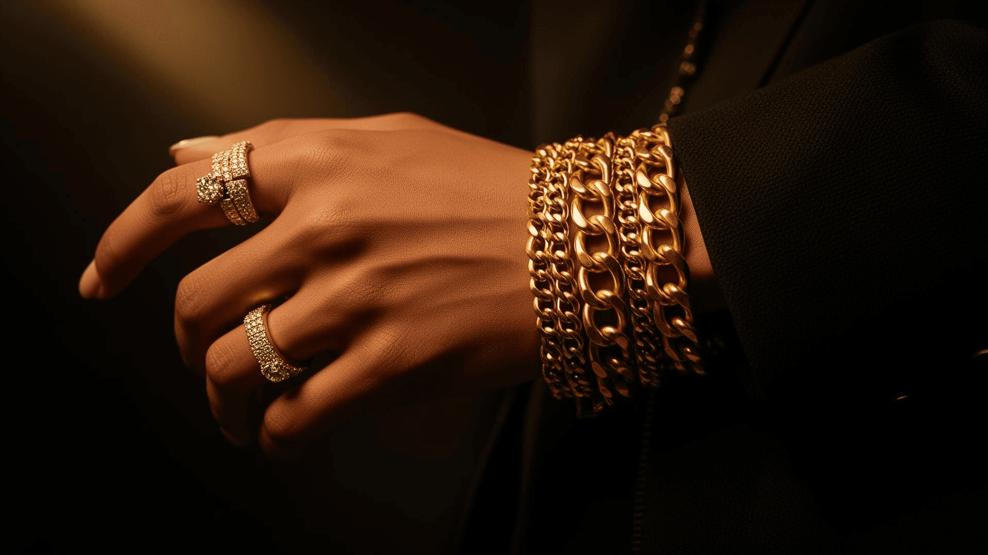 Bracelets et bagues dorés superposés